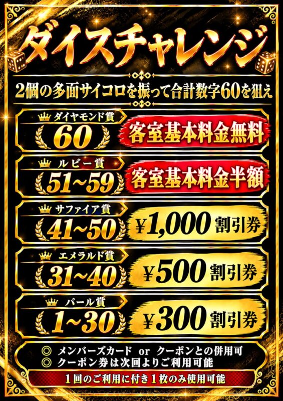 ダイスチャレンジ開催中！サイコロの合計60で客室基本料金が無料に