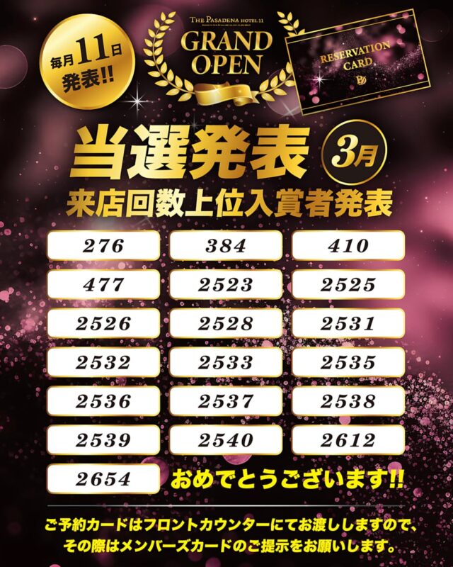 3月の来店回数上位入賞者を発表！当選番号をチェック