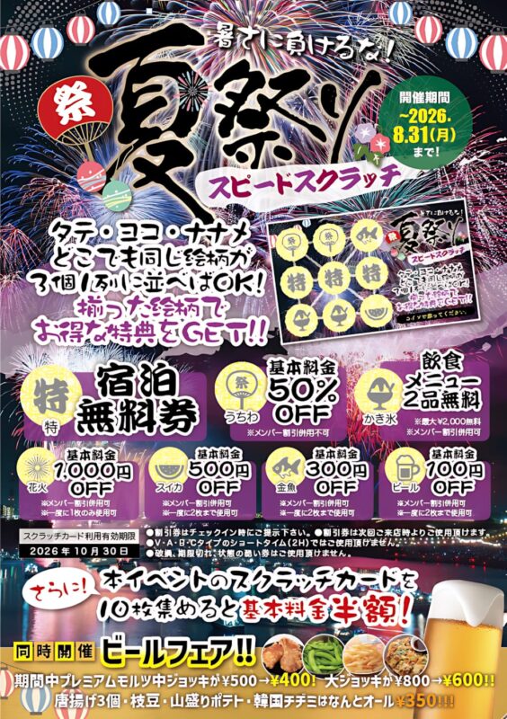 夏祭りスピードスクラッチで宿泊無料券などお得な特典をGET
